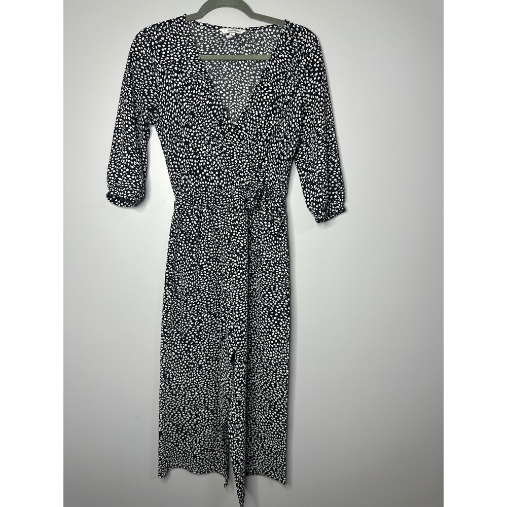 Speechless Black White Spotted Wrap Jumpsuit Wide Leg V-Neck Tie Waist Small